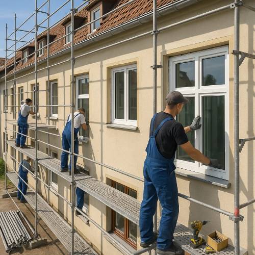 Mehrfamilienhaus Sanierung in Deutschland – Handwerker installieren energieeffiziente Fenster mit Fördermöglichkeiten 2026
