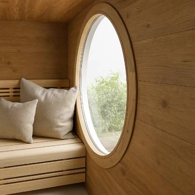 Rundes Fenster aus Holz unbechandelt naturbelassen