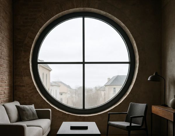 Rundes Fenster in Braun mit Sprossen