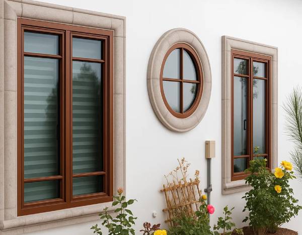 Rundes Fenster in Braun mit Sprossen Retro Stil