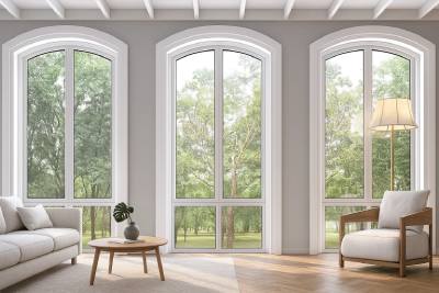 Bodentiefe und moderne Segmentbogenfenster aus Kunststoff in weiß