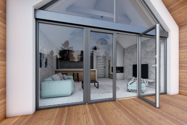 Außen öffnende Terrassentür Drutex IGLO EXT aus Kunststoff mit Glasfront – moderne Lösung mit 5-Kammer-Profil und graufarbenem Rahmen